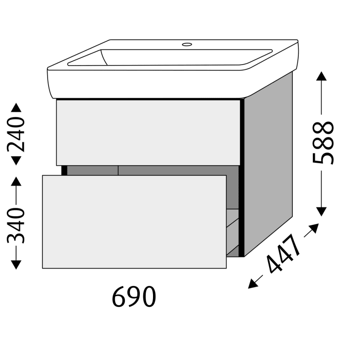 Sanipa 3way Waschtischunterbau für Keramik-Waschtisch Renova Plan 75 cm, 2 Auszüge mit Push to open