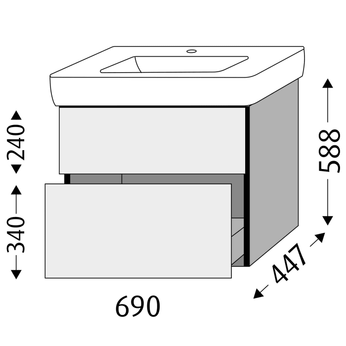 Sanipa 3way Waschtischunterbau für Keramik-Waschtisch Renova Plan 75 cm, 2 Auszüge mit Push to open