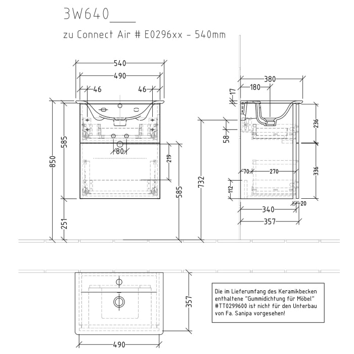 Sanipa 3way Waschtischunterbau für Keramik-Waschtisch Connect Air 54 cm, 2 Auszüge mit Griffleisten