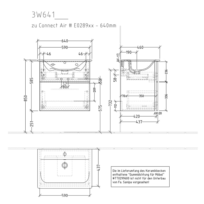 Sanipa 3way Waschtischunterbau für Keramik-Waschtisch Connect Air 64 cm, 2 Auszüge mit Griffleisten