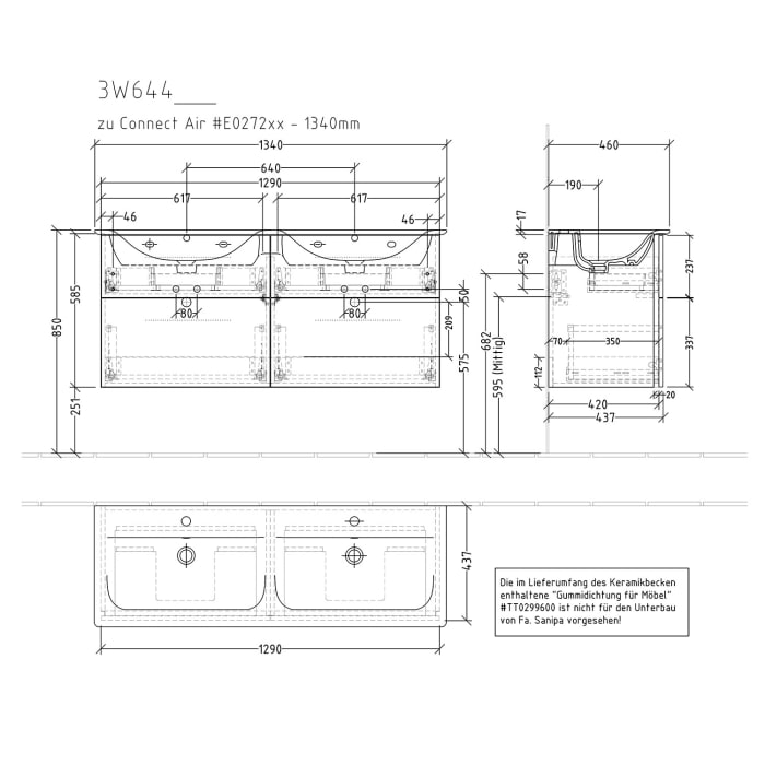 Sanipa 3way Waschtischunterbau für Keramik-Doppelwaschtisch Connect Air 134 cm, 4 Auszüge mit Griffleisten