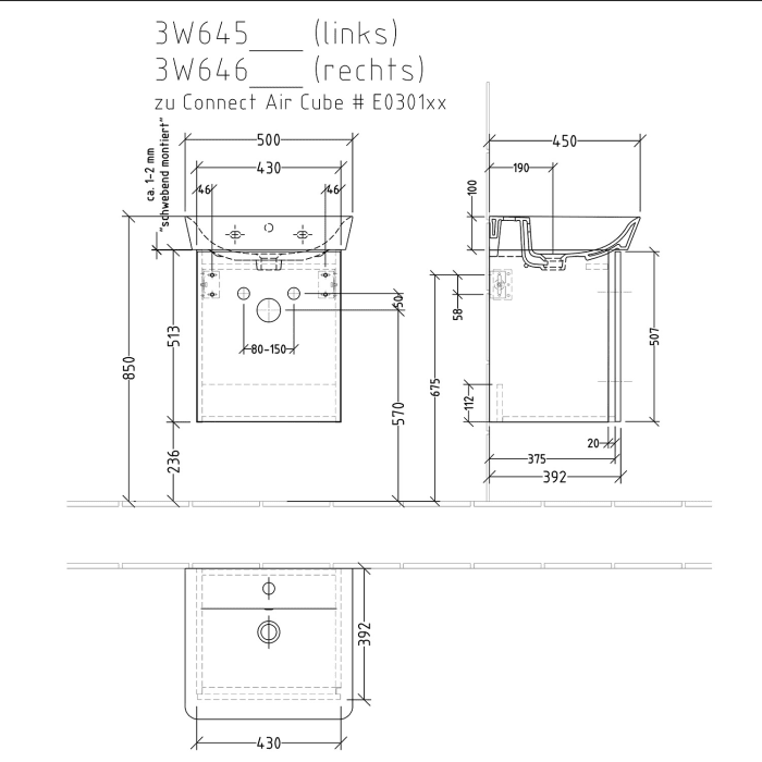 Sanipa 3way Waschtischunterbau für Keramik-Waschtisch Connect Air Cube 50 cm, 1 Tür, Anschlag links, mit Griffleiste