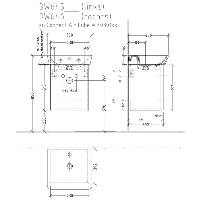 Sanipa 3way Waschtischunterbau für Keramik-Waschtisch Connect Air Cube 50 cm, 1 Tür, Anschlag rechts, mit Griffleiste