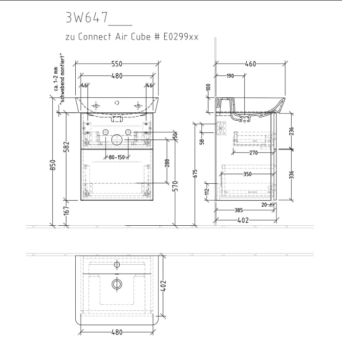 Sanipa 3way Waschtischunterbau für Keramik-Waschtisch Connect Air Cube 55 cm, 2 Auszüge mit Griffleisten
