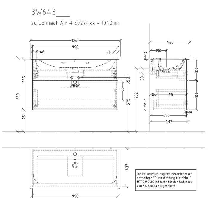 Sanipa 3way Waschtischunterbau für Keramik-Waschtisch Connect Air 104 cm, 2 Auszüge mit Griffleisten