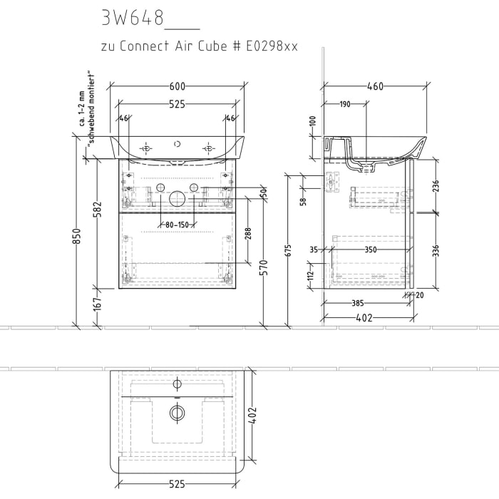 Sanipa 3way Waschtischunterbau für Keramik-Waschtisch Connect Air Cube 60 cm, 2 Auszüge mit Griffleisten