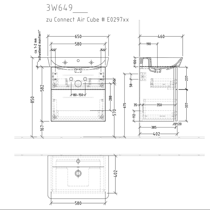 Sanipa 3way Waschtischunterbau für Keramik-Waschtisch Connect Air Cube 65 cm, 2 Auszüge mit Griffleisten