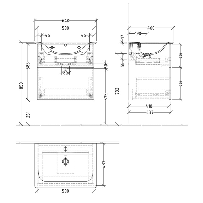 Sanipa 3way Waschtischunterbau für Keramik-Waschtisch Connect Air 64 cm, 2 Auszüge mit Push to open