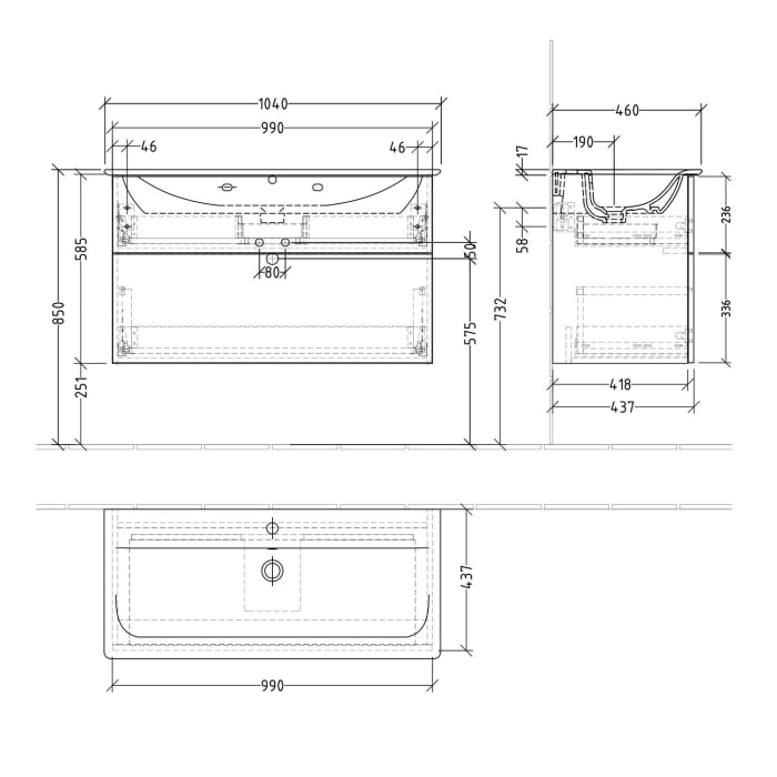 Sanipa 3way Waschtischunterbau für Keramik-Waschtisch Connect Air 104 cm, 2 Auszüge mit Push to open