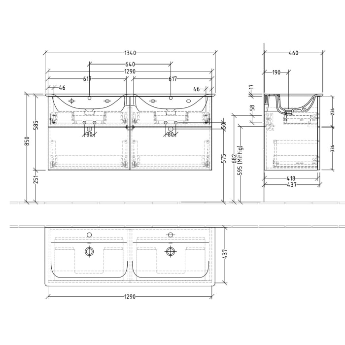 Sanipa 3way Waschtischunterbau für Keramik-Doppelwaschtisch Connect Air 134 cm, 4 Auszüge mit Push to open