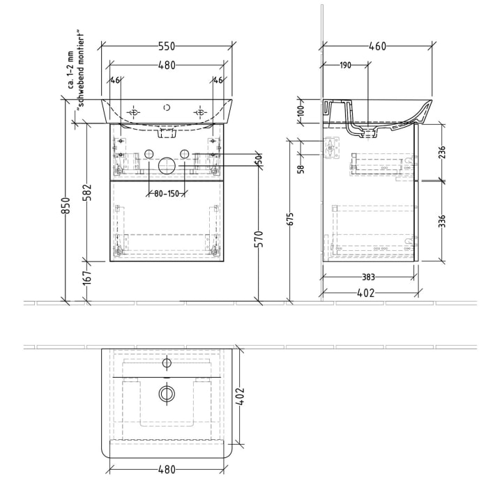 Sanipa 3way Waschtischunterbau für Keramik-Waschtisch Connect Air Cube 55 cm, 2 Auszüge mit Push to open