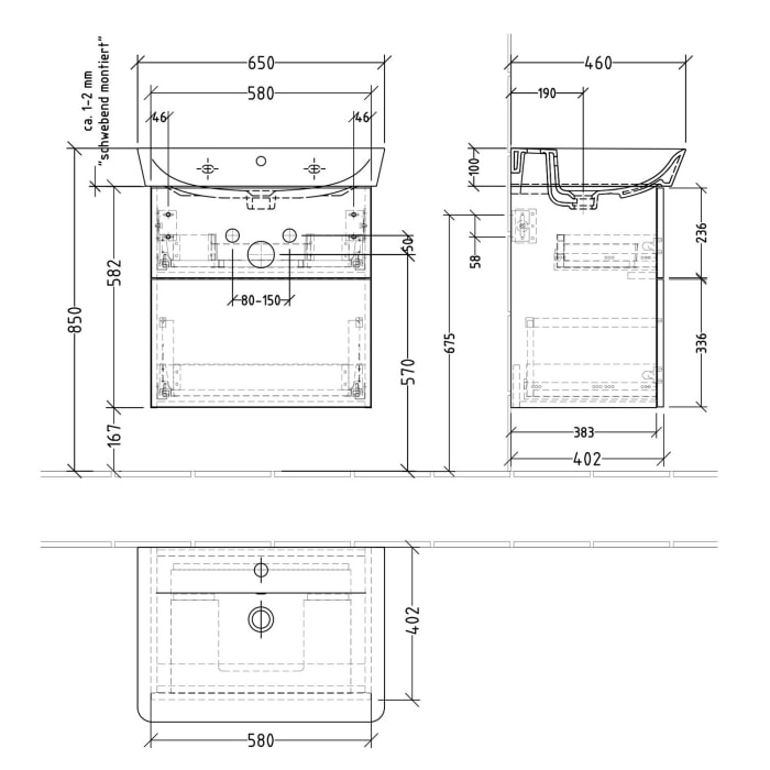 Sanipa 3way Waschtischunterbau für Keramik-Waschtisch Connect Air Cube 65 cm, 2 Auszüge mit Push to open