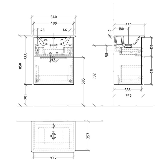 Sanipa 3way Waschtischunterbau für Keramik-Waschtisch Connect Air 54 cm, 2 Auszüge mit Aufsatzgriff