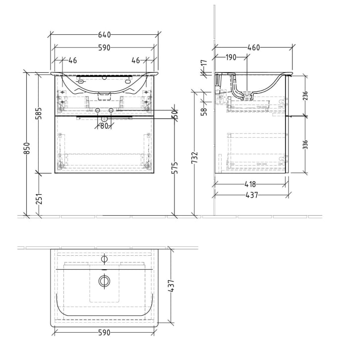 Sanipa 3way Waschtischunterbau für Keramik-Waschtisch Connect Air 64 cm, 2 Auszüge mit Aufsatzgriff