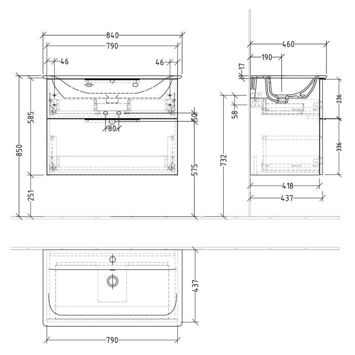 Sanipa 3way Waschtischunterbau für Keramik-Waschtisch Connect Air 84 cm, 2 Auszüge mit Aufsatzgriff