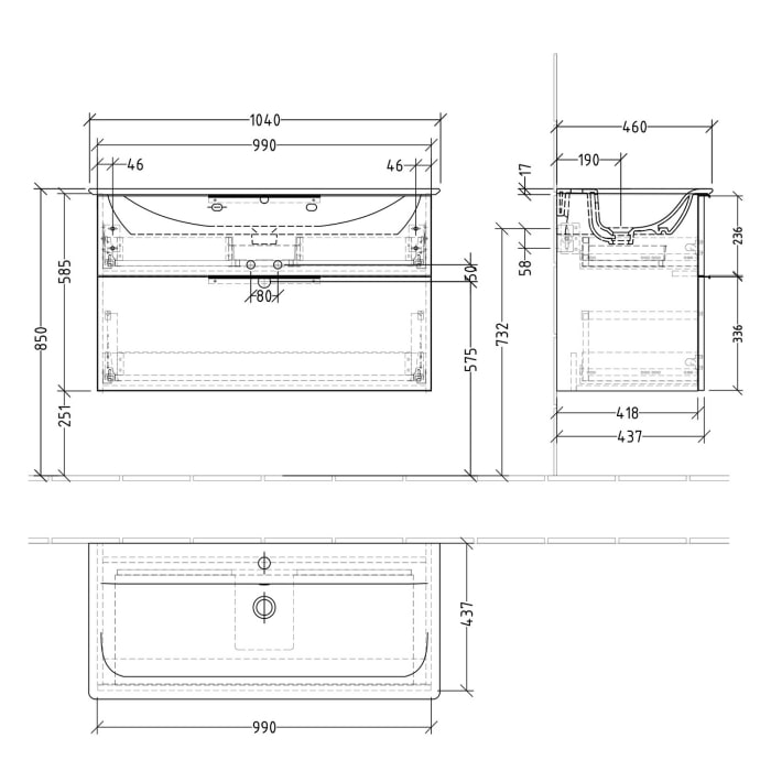 Sanipa 3way Waschtischunterbau für Keramik-Waschtisch Connect Air 104 cm, 2 Auszüge mit Aufsatzgriff