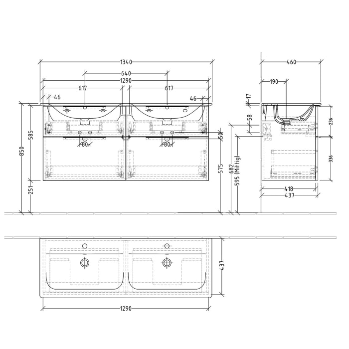 Sanipa 3way Waschtischunterbau für Keramik-Doppelwaschtisch Connect Air 134 cm, 4 Auszüge mit Aufsatzgriff