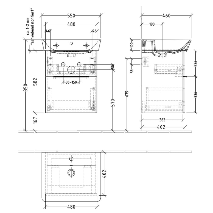 Sanipa 3way Waschtischunterbau für Keramik-Waschtisch Connect Air Cube 55 cm, 2 Auszüge mit Aufsatzgriff