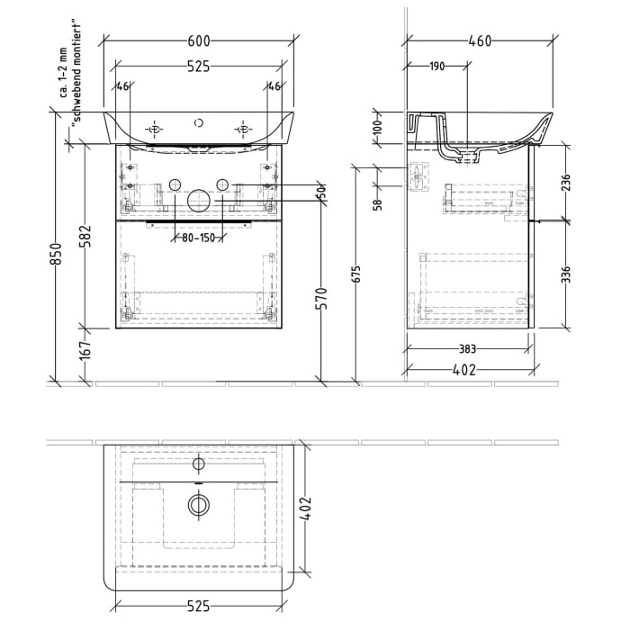 Sanipa 3way Waschtischunterbau für Keramik-Waschtisch Connect Air Cube 60 cm, 2 Auszüge mit Aufsatzgriff