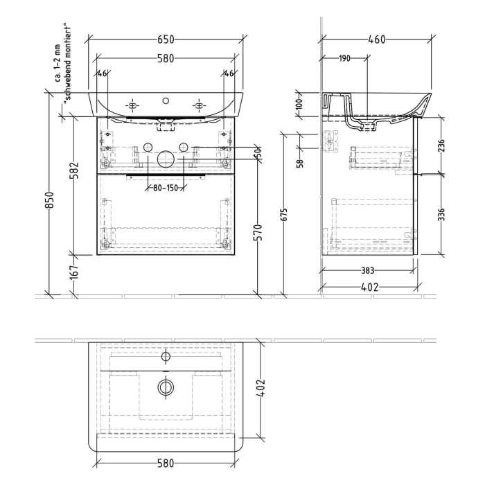 Sanipa 3way Waschtischunterbau für Keramik-Waschtisch Connect Air Cube 65 cm, 2 Auszüge mit Aufsatzgriff