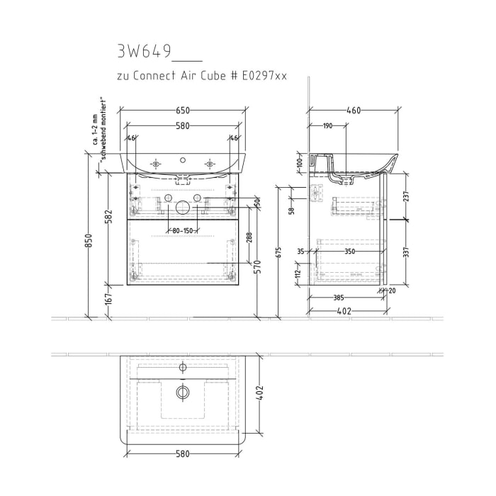Sanipa 3way Waschtischunterbau für Keramik-Waschtisch Connect Air Cube 65 cm, 2 Auszüge mit Griffleisten