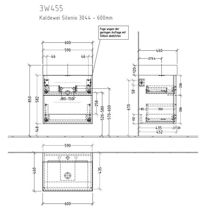 Sanipa 3way Waschtischunterbau für Stahl-Email-Waschtisch Silenio 60 cm, 2 Auszüge mit Griffleisten