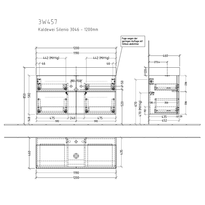 Sanipa 3way Waschtischunterbau für Stahl-Email-Waschtisch Silenio 120 cm, 4 Auszüge mit Griffleisten