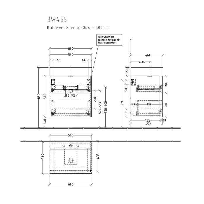 Sanipa 3way Waschtischunterbau für Stahl-Email-Waschtisch Silenio 60 cm, 2 Auszüge mit Griffleisten