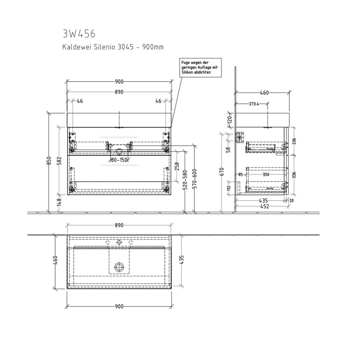 Sanipa 3way Waschtischunterbau für Stahl-Email-Waschtisch Silenio 90 cm, 2 Auszüge mit Griffleisten