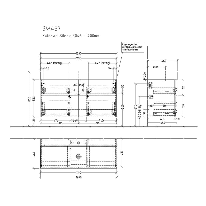 Sanipa 3way Waschtischunterbau für Stahl-Email-Waschtisch Silenio 120 cm, 4 Auszüge mit Griffleisten