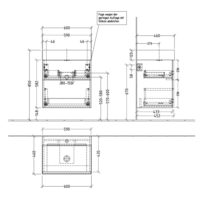 Sanipa 3way Waschtischunterbau für Stahl-Email-Waschtisch Silenio 60 cm, 2 Auszüge mit Push to open