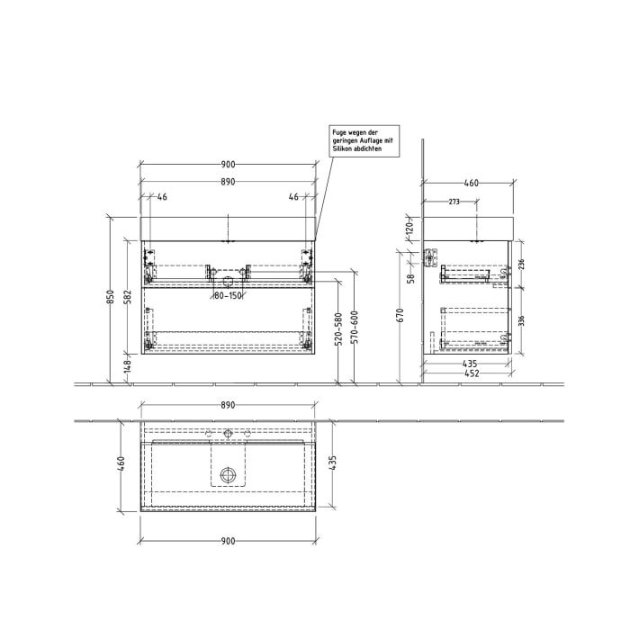 Sanipa 3way Waschtischunterbau für Stahl-Email-Waschtisch Silenio 90 cm, 2 Auszüge mit Push to open