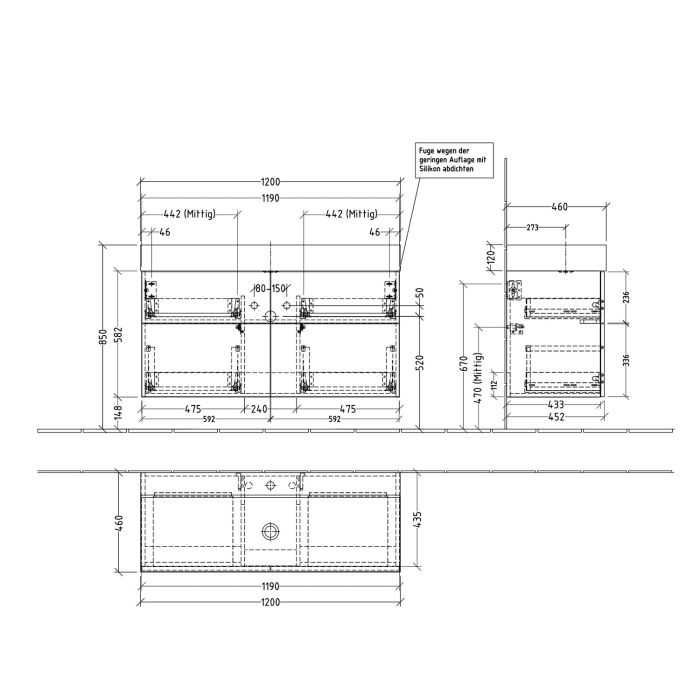 Sanipa 3way Waschtischunterbau für Stahl-Email-Waschtisch Silenio 120 cm, 4 Auszüge mit Push to open