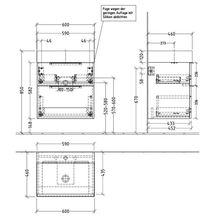 Sanipa 3way Waschtischunterbau für Stahl-Email-Waschtisch Silenio 60 cm, 2 Auszüge mit Aufsatzgriff