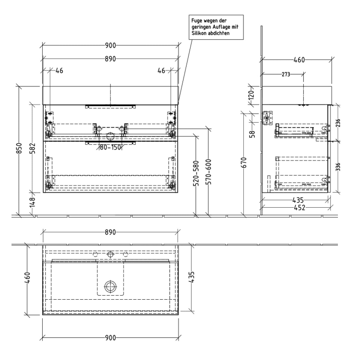 Sanipa 3way Waschtischunterbau für Stahl-Email-Waschtisch Silenio 90 cm, 2 Auszüge mit Aufsatzgriff
