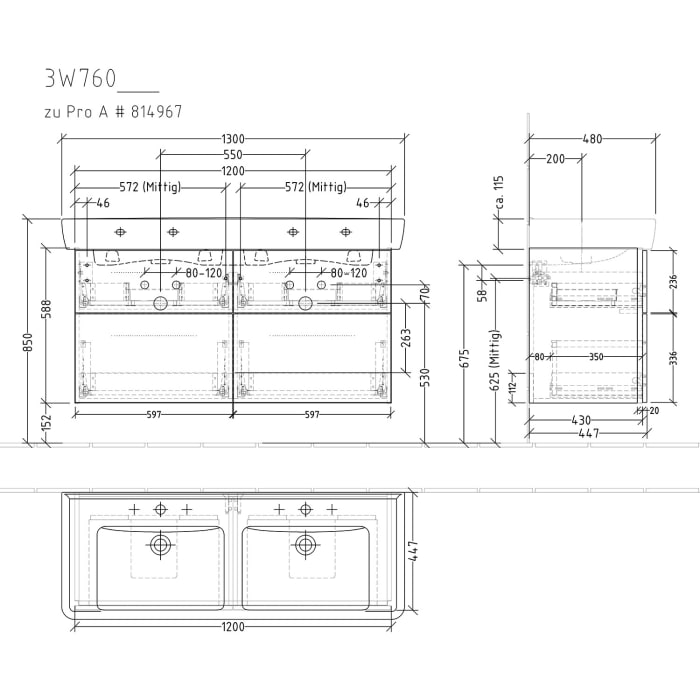 Sanipa 3way Waschtischunterbau für Keramik-Doppelwaschtisch Pro A 130 cm, 4 Auszüge mit Griffleisten