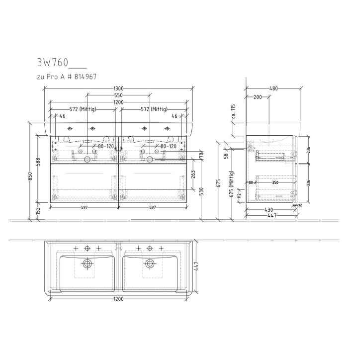 Sanipa 3way Waschtischunterbau für Keramik-Doppelwaschtisch Pro A 130 cm, 4 Auszüge mit Griffleisten