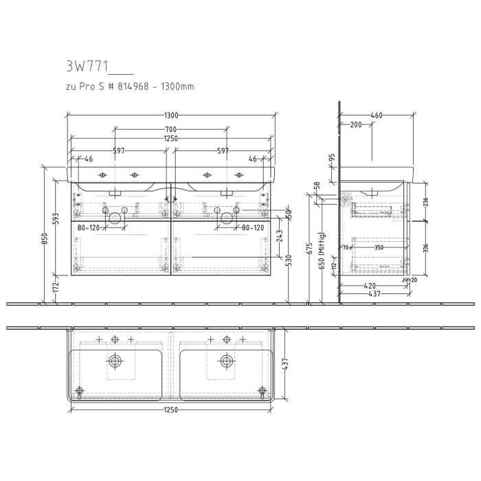 Sanipa 3way Waschtischunterbau für Keramik-Doppelwaschtisch Pro S 130 cm, 4 Auszüge mit Griffleisten
