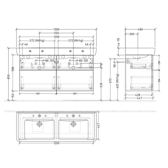 Sanipa 3way Waschtischunterbau für Keramik-Doppelwaschtisch Pro A 130 cm, 4 Auszüge mit Push to open