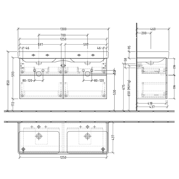 Sanipa 3way Waschtischunterbau für Keramik-Doppelwaschtisch Pro S 130 cm, 4 Auszüge mit Push to open