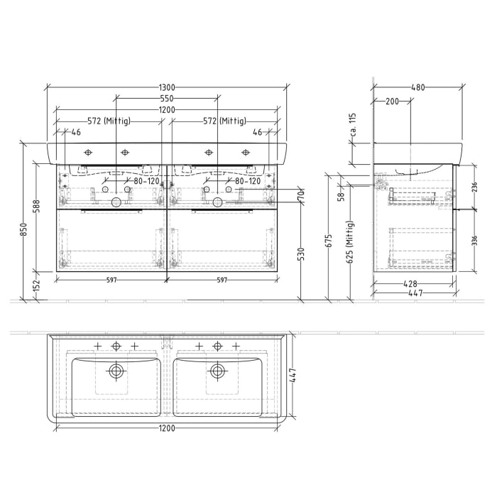 Sanipa 3way Waschtischunterbau für Keramik-Doppelwaschtisch Pro A 130 cm, 4 Auszüge mit Aufsatzgriff
