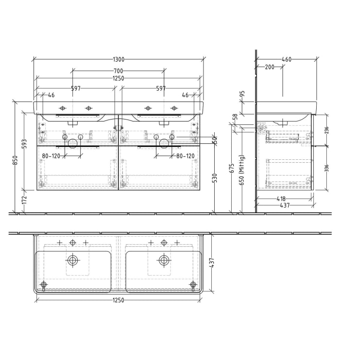 Sanipa 3way Waschtischunterbau für Keramik-Doppelwaschtisch Pro S 130 cm, 4 Auszüge mit Aufsatzgriff