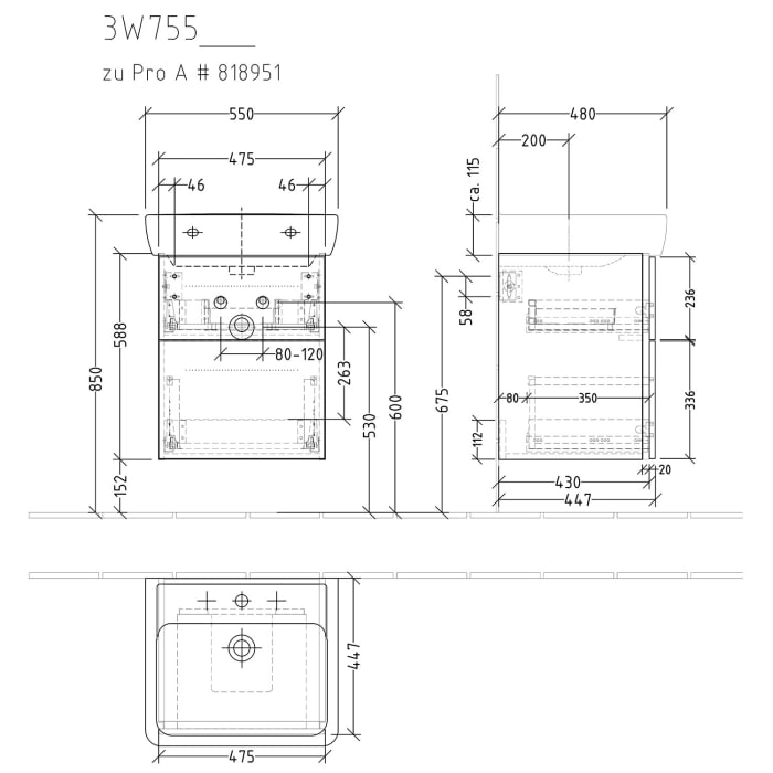 Sanipa 3way Waschtischunterbau für Keramik-Waschtisch Pro A 55 cm, 2 Auszüge mit Griffleisten