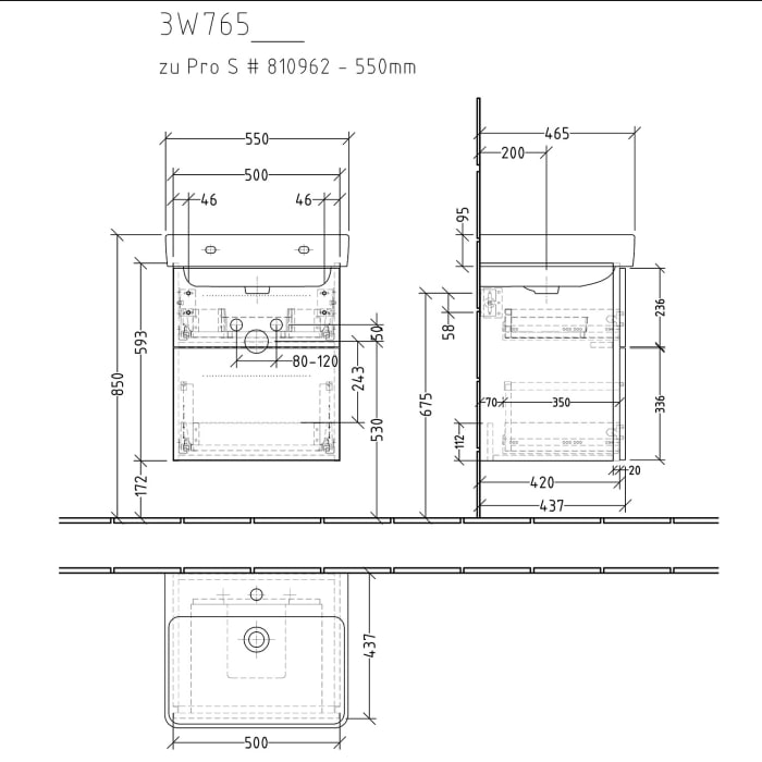 Sanipa 3way Waschtischunterbau für Keramik-Waschtisch Pro S 55 cm, 2 Auszüge mit Griffleisten