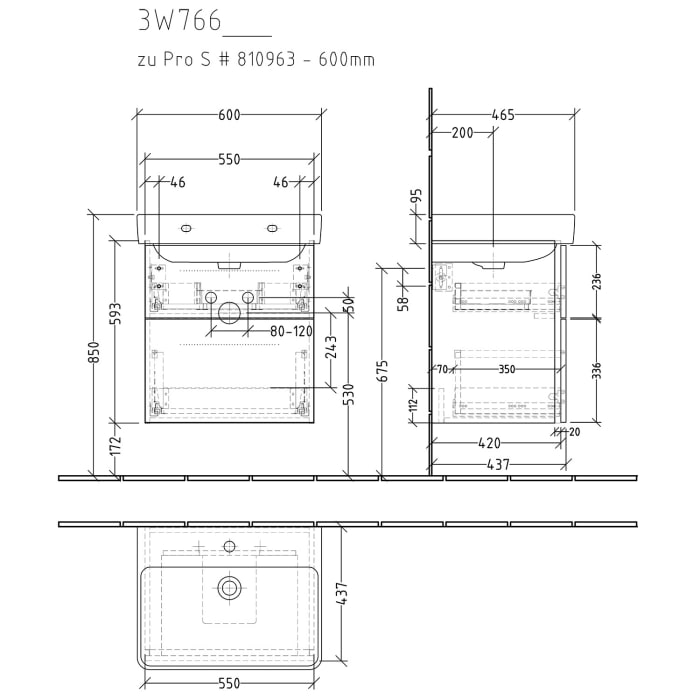 Sanipa 3way Waschtischunterbau für Keramik-Waschtisch Pro S 60 cm, 2 Auszüge mit Griffleisten