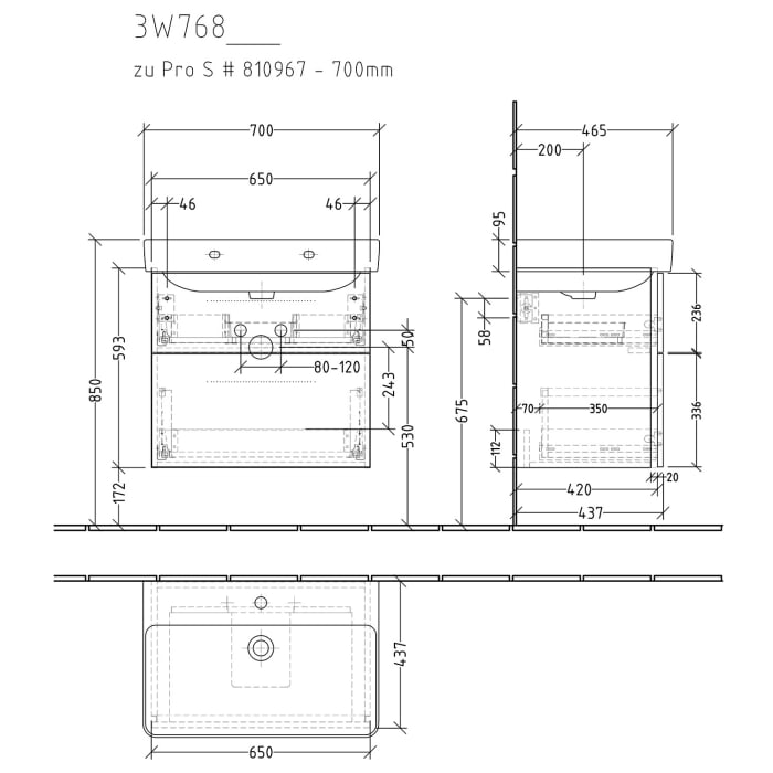 Sanipa 3way Waschtischunterbau für Keramik-Waschtisch Pro S 70 cm, 2 Auszüge mit Griffleisten