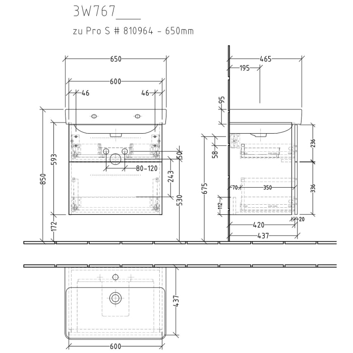 Sanipa 3way Waschtischunterbau für Keramik-Waschtisch Pro S 65 cm, 2 Auszüge mit Griffleisten