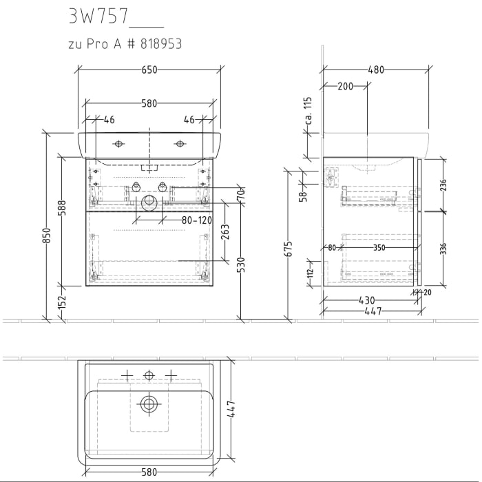 Sanipa 3way Waschtischunterbau für Keramik-Waschtisch Pro A 65 cm, 2 Auszüge mit Griffleisten