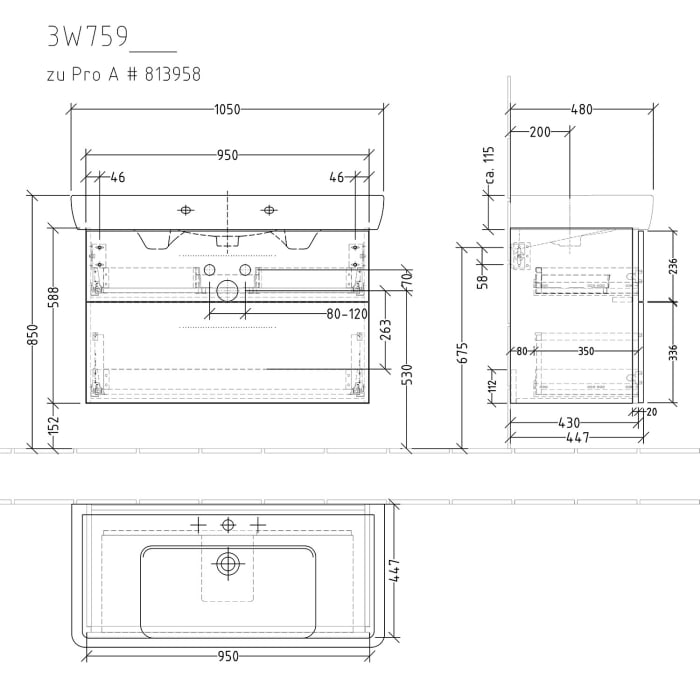 Sanipa 3way Waschtischunterbau für Keramik-Waschtisch Pro A 105 cm, 2 Auszüge mit Griffleisten