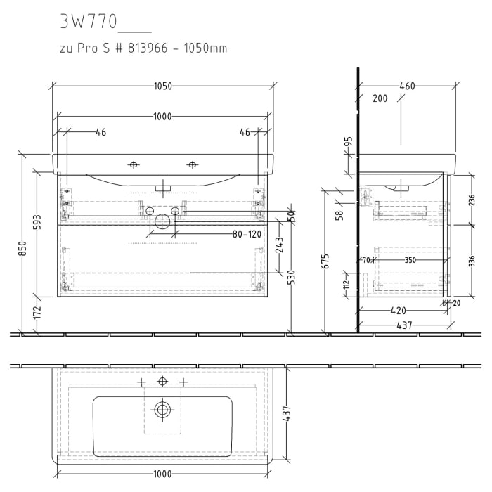 Sanipa 3way Waschtischunterbau für Keramik-Waschtisch Pro S 105 cm, 2 Auszüge mit Griffleisten
